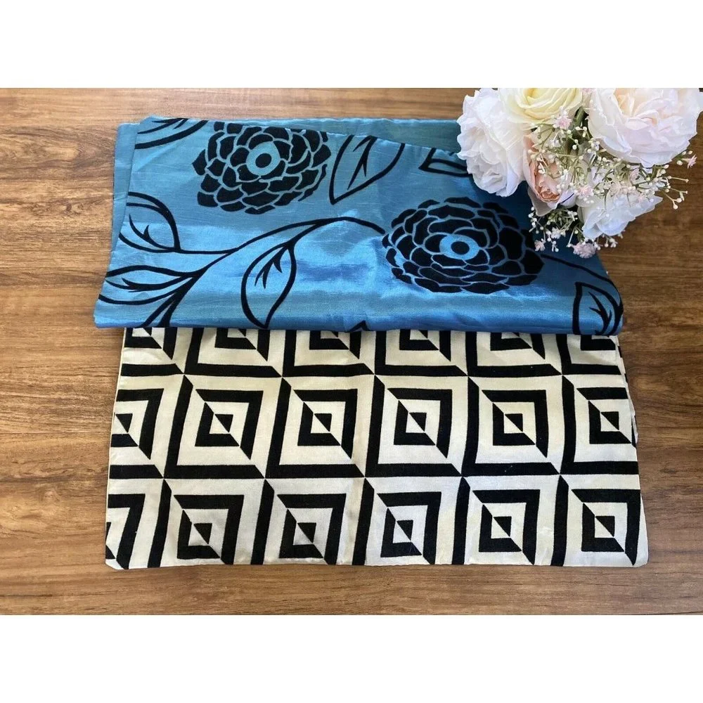 Vintage Set 2 Square Satiny Velvet‎ Detail Pillow Cases Blue Black Beige Zipper